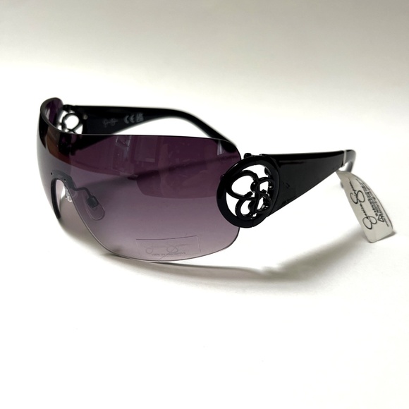 New Original JESSICA SIMPSON Wrap Around Shield Sunglasses Acetate Black Logo - Picture 1 of 6